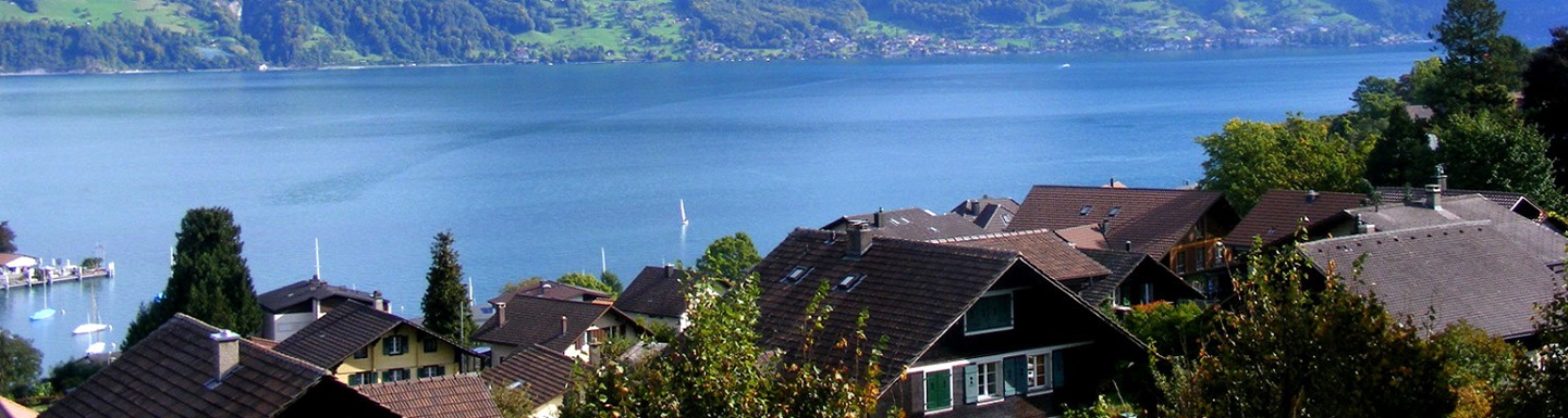 Blick über den Thunersee, im Vordergrund Häuser von Spiez.