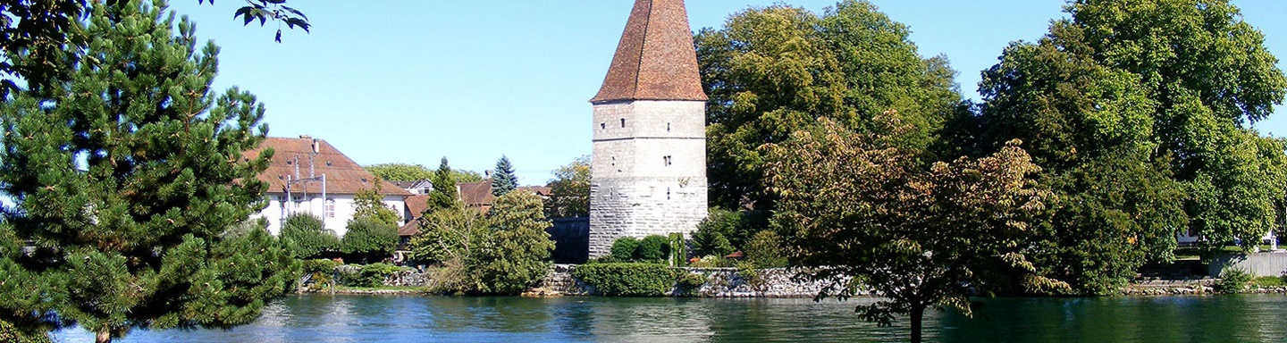 Der von grünen Bäumen und der Aare eingerahmte Krumme Turm von Solothurn.