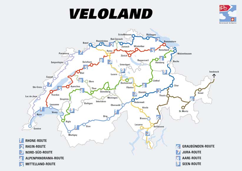 Landkarte mit dem Verlauf der 9 Nationalen Velorouten der Schweiz